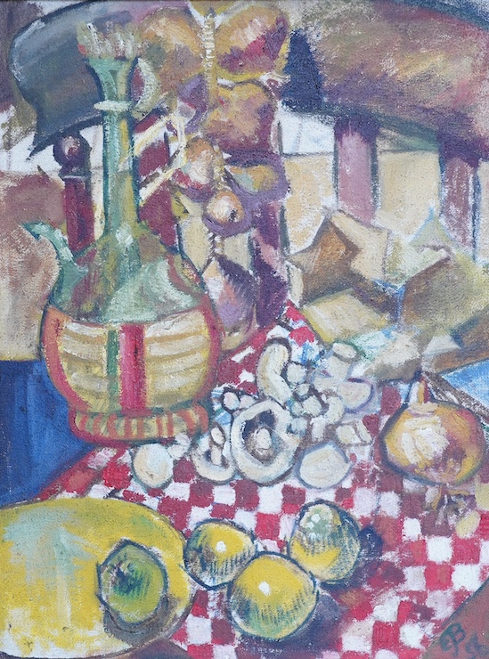 E.J.B., cubist style impasto oil on canvas, Still life, monogrammed and indistinctly dated possibly '50, 72 x 54cm, gilt framed. Condition - fair to good